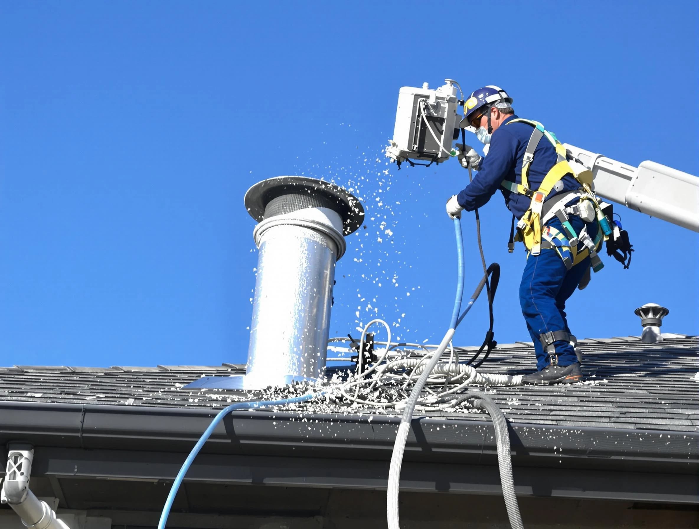 Rostraver Dryer Vent Cleaning certified technician safely cleaning a roof-mounted dryer vent in Rostraver