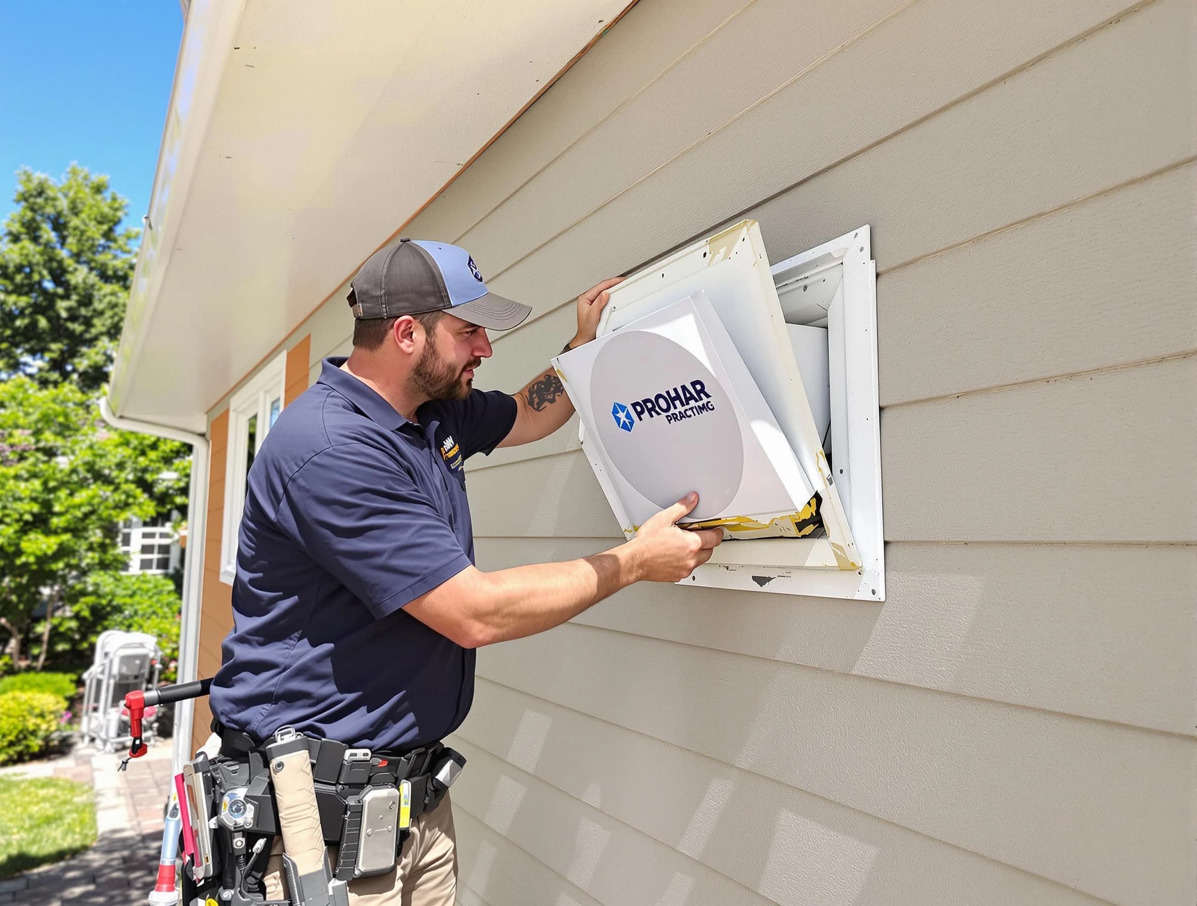 Rostraver Dryer Vent Cleaning technician installing a new protective dryer vent cover on a home in Rostraver