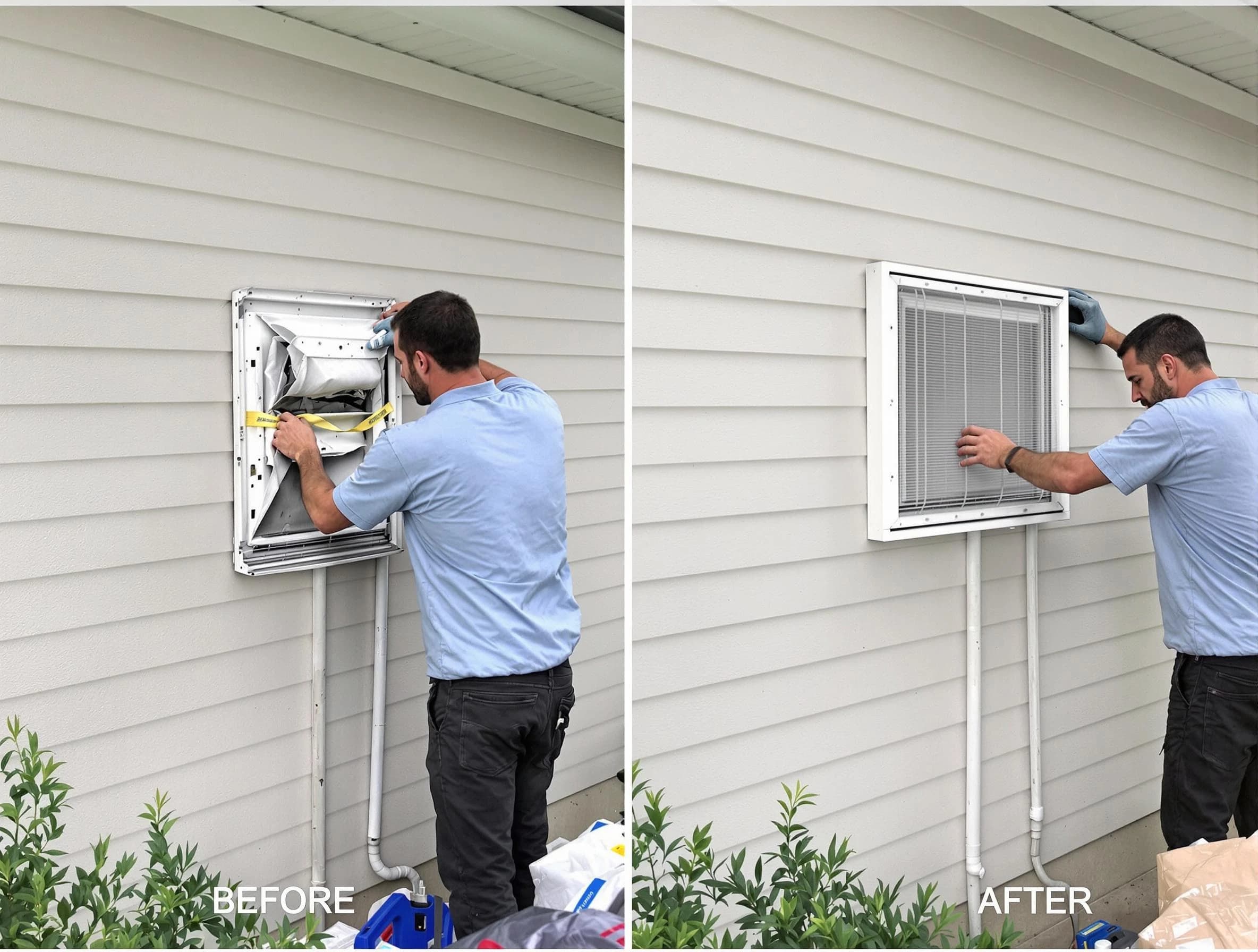 Rostraver Dryer Vent Cleaning technician installing high-quality dryer vent cover at a residential property in Rostraver