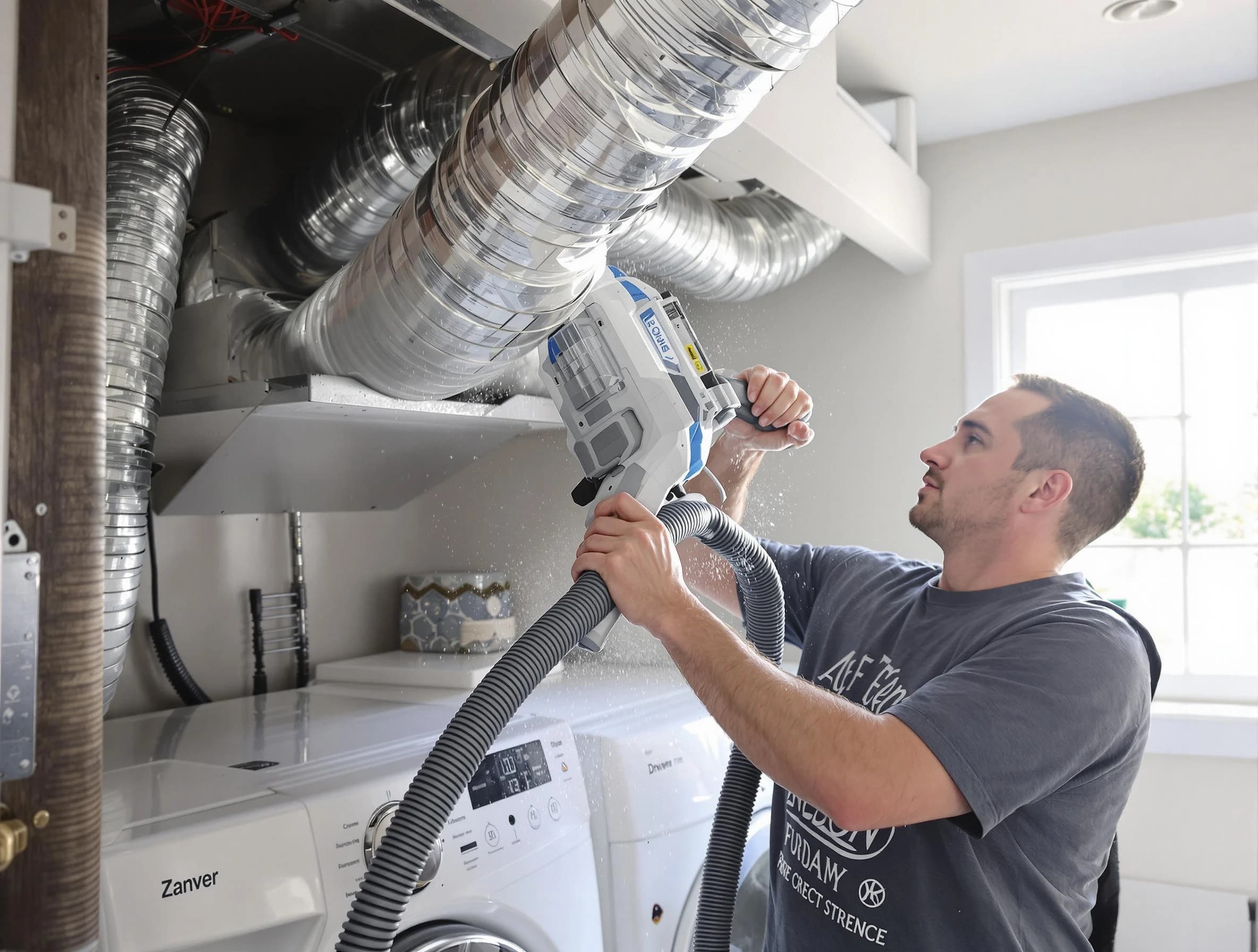 Rostraver Dryer Vent Cleaning specialist cleaning deep within a dryer vent duct system in Rostraver